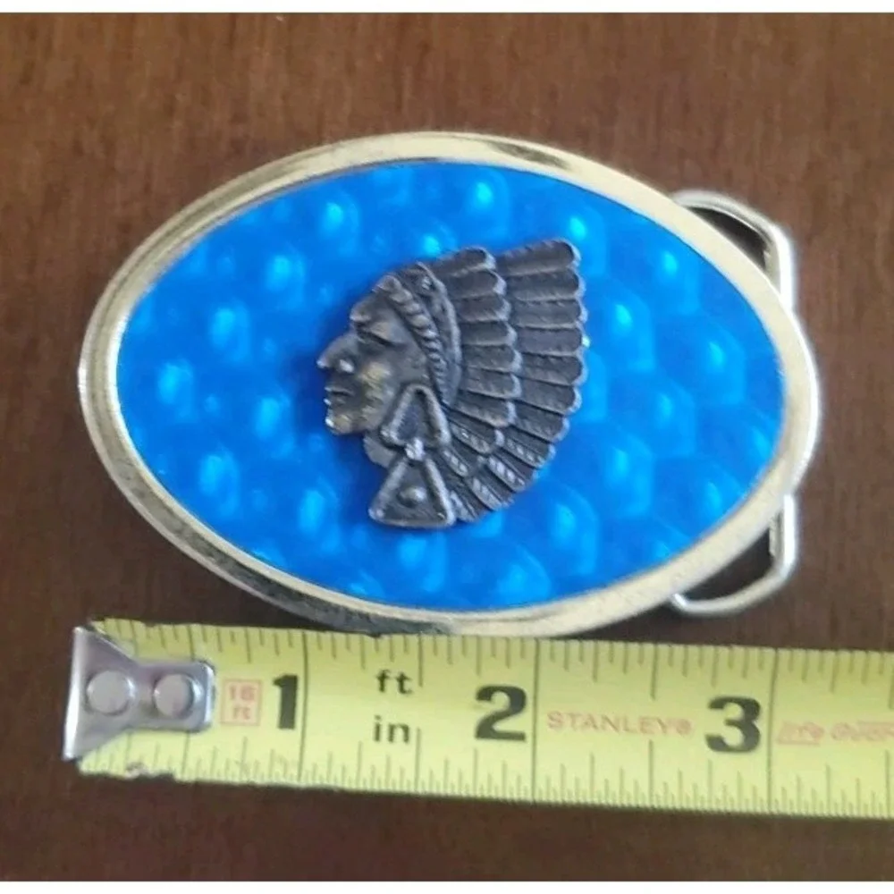 Indian Head Chief Belt Buckle Holographic Blue Silver Tone Distressed‎